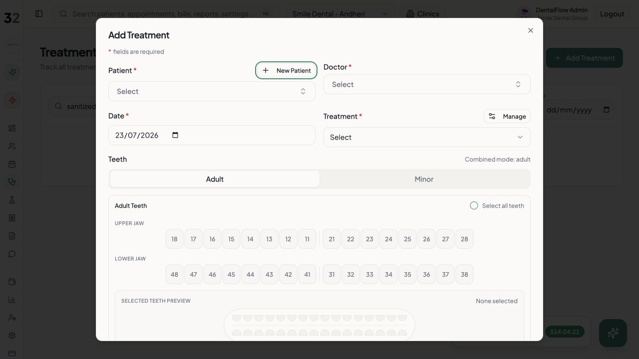 Thirty2OS treatment workspace showing clinical workflow entries