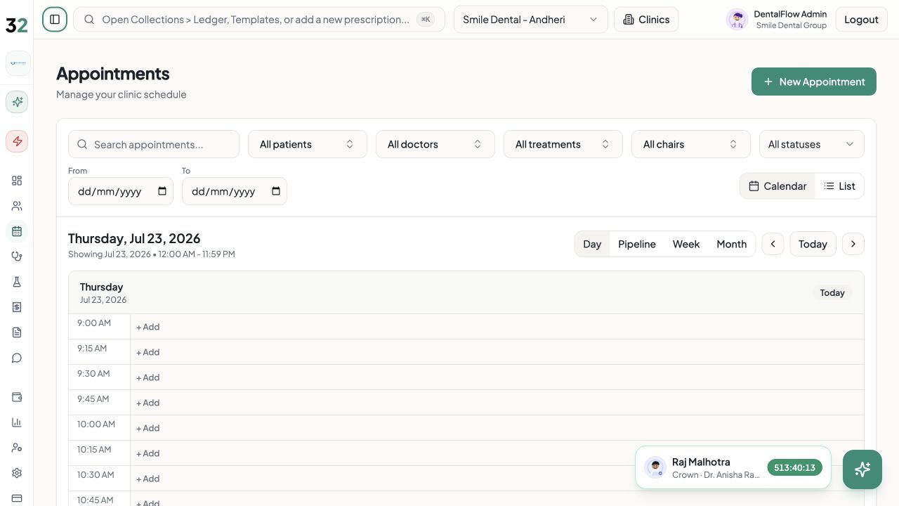 Thirty2OS appointment calendar with resource and status filters